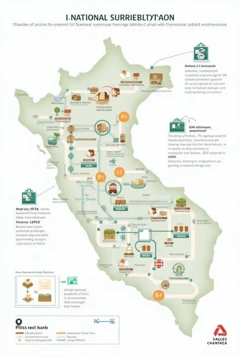 An image depicting the National Supply System (Sistema Nacional de Abastecimiento, SINA) of Peru. The image should illustrate the key components of the supply chain, including national distribution centers, regional logistics hubs, and warehouses across th...