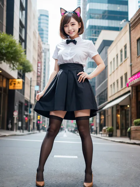 Work clothes,Outdoor,City, Knee High Stockings , 1 girl,whole body,up,front,  high resolution on down,  anatomically correct, Best Quality,  high definition model,  very detailed,  Ultra High Definition,  Textured Skin,  colorful eyes, Brown Hair Short Bob...