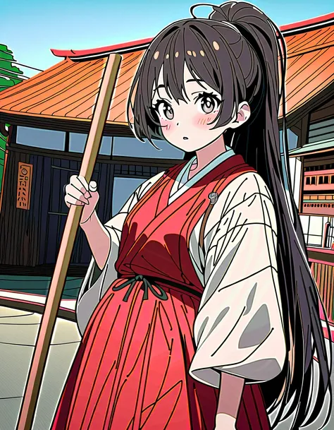 (8K, best quality, master piece: 1.2),super high resolution,best quality,1girl,16yo,solo,ultra-detailed face,detailed eyes,brown eyes,chihaya,red hakama,^^^,blash,holding a broom,crossed bangs,ponytail, black hair with natural highlights,mascara,offertory ...