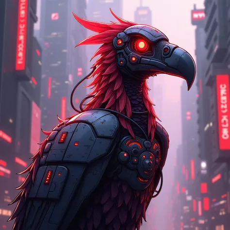 vulture with tech parts, red highlights, profile picture, cartoon style