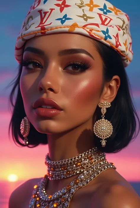 Create a side view: close up of a caramel skin latina/greek girl with sharp eyebrows, full glossy brown ombre lips, brown ombre eyeshadow. Wearing a white durag with orange stitch trim and multicolored LV logos, big diamond earings and layered chunky diamo...