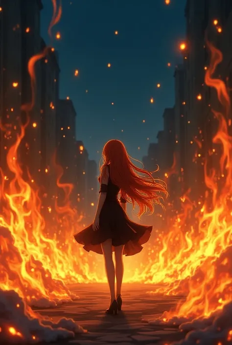  anime woman seen from behind, with long ginger hair and dressed in black uniform. She stands on the ground, encircled by vivid flames. a man hand is visible, reaching in from the side to grasp her waist. Above them the sky is a clear, deep blue.

