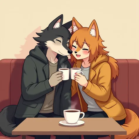 Couple, sitting in a cafe, with coffee mugs in hand, both have a wolf-human like body, one adult male, one adult female, full body pose, cozy, in love, in digital art cartoon anime style, flat colors only.