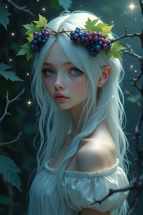 Girl with pants ,  white hair gray eyes ,  crown made of grape varieties ,  dark and thorny studded with bright stars