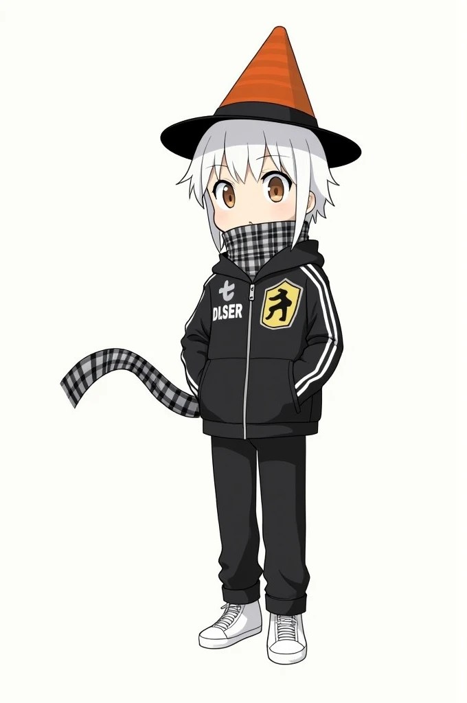 1 boy, cartoon, Black jacket with white stripe, black pants, black traffic cone hat, normal face, white hair, white shoes, black and white scarf