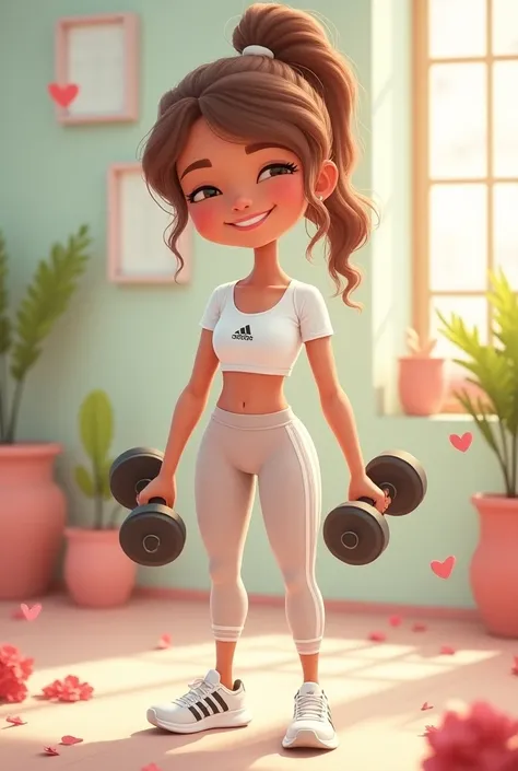  In the whimsical and artistic style .  a happy delicate holding two dumbbells , doing weight training in a gym.  She has wavy hair 3b in a brown ponytail with  ((( soft golden locks )))  brown skin with loose threads .  white t-shirt with the Adidas symbo...