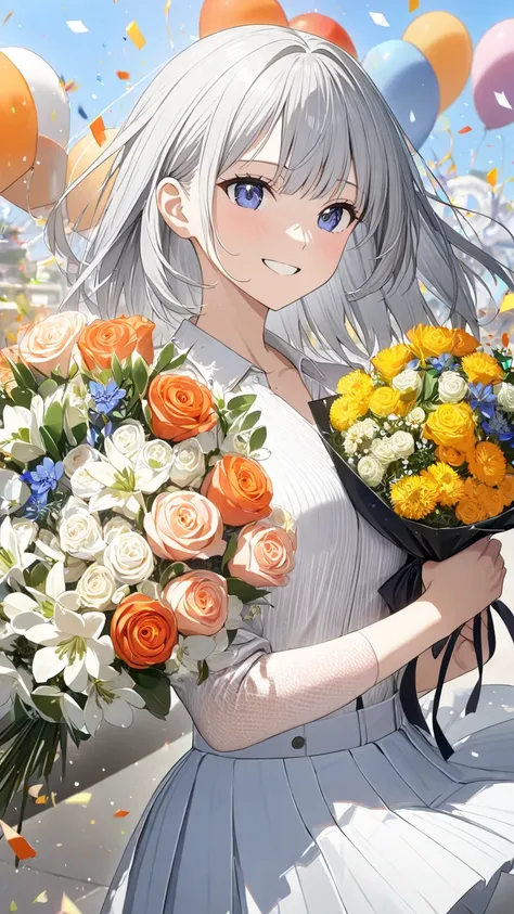  1 girl, solo,  Hi-Res,  shortcut, masterpiece,  textured skin, smile, amount, anime,  Silver Hair, slender,Beauty,fine, bright ,Aperture F1.2, shirt ,skirt,bouquet,Celebration,No background,