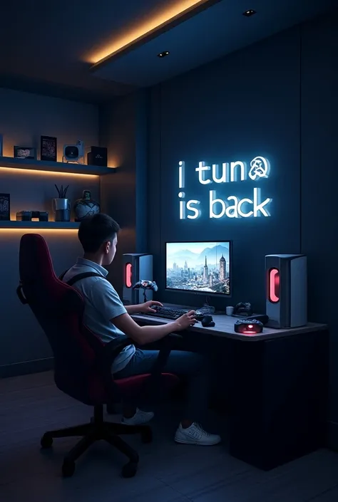 A gaming room with a man playing PS5 and with the phrase : "TUNA IS BACK"