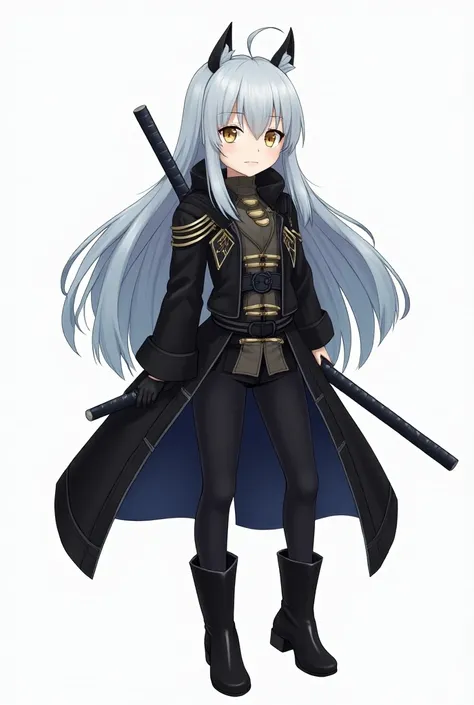 androgyne , snow-white skin, girls appearance, short stature,  long silver-blue hair, golden eyes, anime,  black coat with gold lines on the chest, and off the shoulders with black pants , on the feet high black boots , on the katana belt 