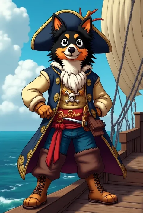 Anthropomorphic Australian shepherd dressed like a pirate with a pirate ship in the background and a banner that says “RokU” done in one piece anime style 