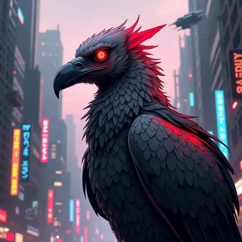 cyberpunk vulture, red highlights, profile picture, cartoon style