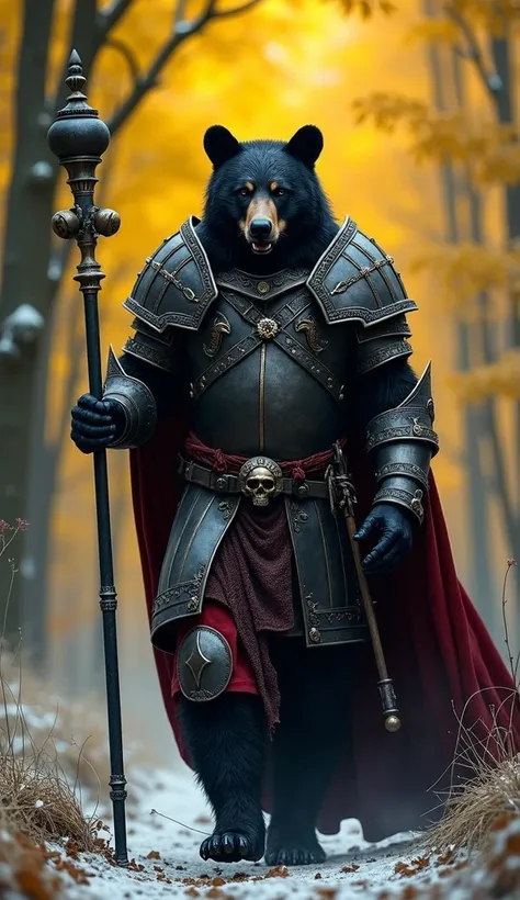 "/imagine a full-length photo (masterpiece, best quality: 1.2), of an anthropomorphic black bear king, ancient warrior in dark, rugged armor, with touches of crimson and ash-gray details. His armor is adorned with unique markings and robust metal details, ...