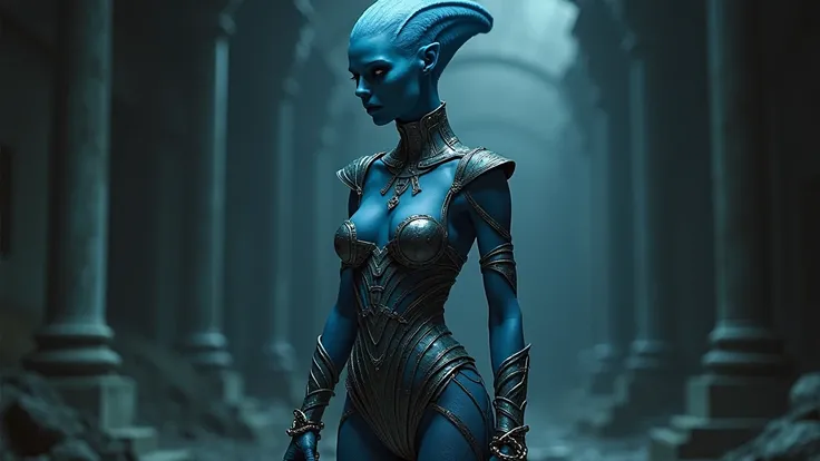 a sexy blue alien girl wearing armor dress. she is a slave, and caught in chains