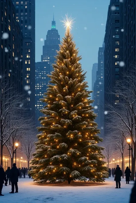 A snowy night, christmas tree in new york 