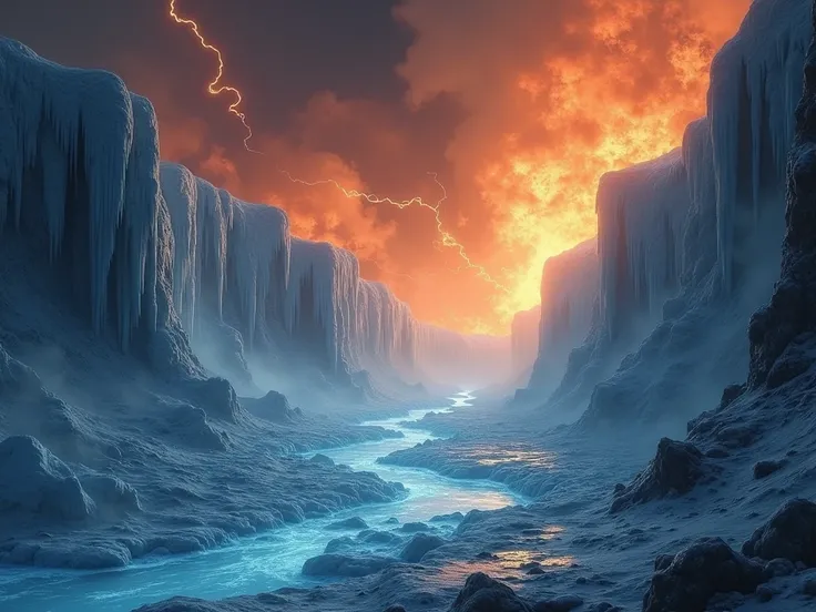 In the primordial void of Ginnungagap, a mystical and unfathomable space, nothingness stretches between two opposing realms: Muspelheim, the fiery realm of flames and rivers of lava, and Niflheim, an icy land covered in thick mists and frozen cliffs. As Mu...