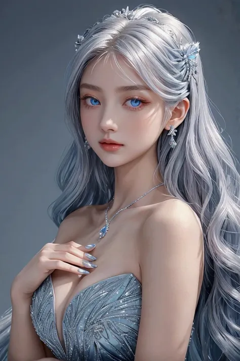 Angelica is an elegant young noble with cascading silver hair styled in soft waves, framing her face with a timeless grace. Her piercing sapphire-blue eyes radiate confidence, while her attire—a flowing gown in shades of icy blue and silver—complements her...