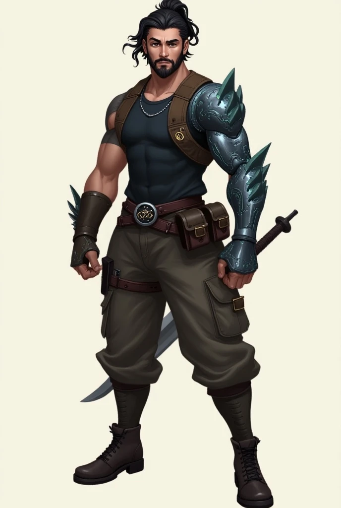 A full-body illustration of Lucas, a young human warrior with a lean, muscular build and an air of confidence. He has lightly tanned skin, dark wavy hair tied into a loose ponytail reaching past his shoulders, and a neatly trimmed beard that frames his str...