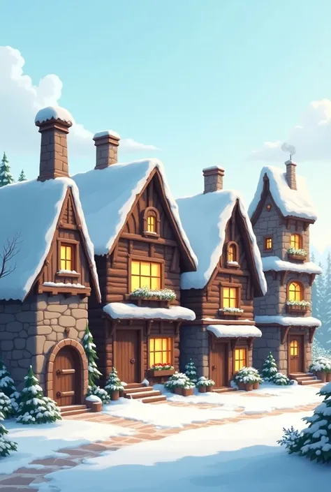 The four houses ,  side by side in a snow biome ,  form a charming rustic row .

house 1:  Robust and made of stone ,  has a sloping roof covered by a thick layer of snow .  Small hollow glass windows Do they emit a yellowish glow ,  and the entrance is de...