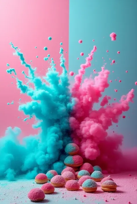 I want a fuchsia and turquoise background on one side with an explosion of fuchsia smoke and on the other side an explosion of turquoise sugar also on the bottom that is full of utensils and some pastry candies with