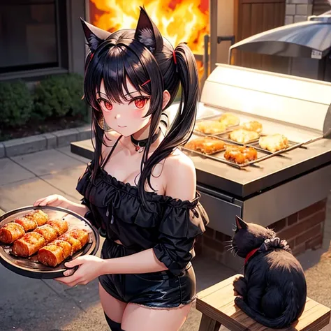  black hair　cat ears　 barbecuing 　black ruffle off-the-shoulder　 hotpants　stall　Beer mug　Red Eye　 twin tails