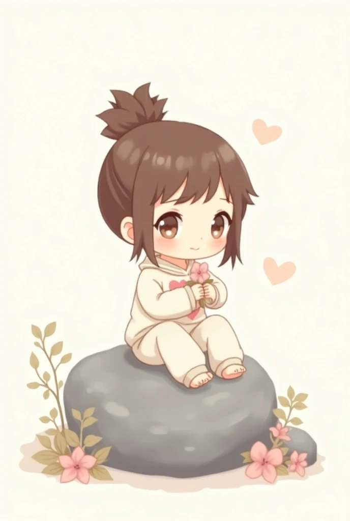 No estilo chibbi kawai , a  ((Super cute)) sentada em a pasta segurando a flor. Ela usa a calça estilo jogguer,  white sweater with heart .  She has brown hair and wears a bun hairstyle.  Around the stone flowers and delicate leaves . Gentle and cute art ....