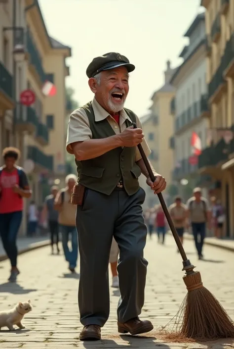 Photograph of an old man working as a street sweeper. Joyful atmosphere. comedy.