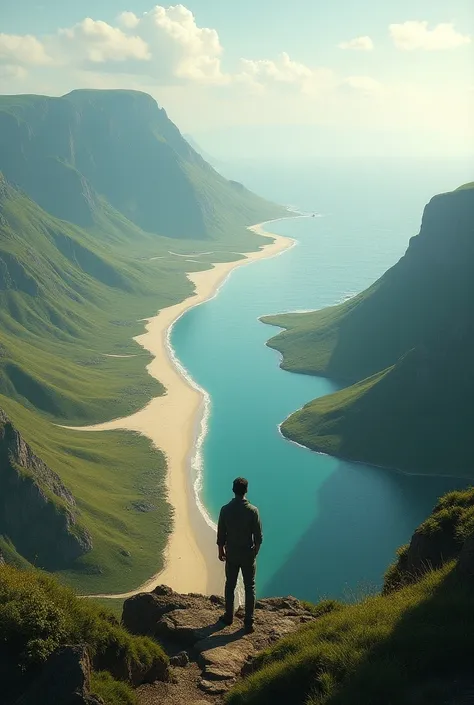  Viewpoint where a man sees a plain cut by a river, two lakes the beach and the sea in the background  