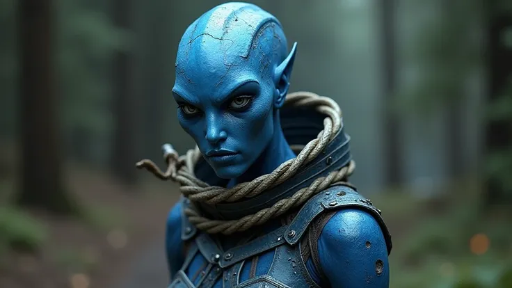 a sexy blue alien girl wearing armor dress., her hands and neck are brutely tied in ropes