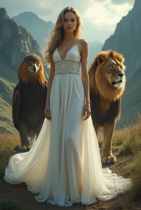 Woman in white dress with a lion and an eagle