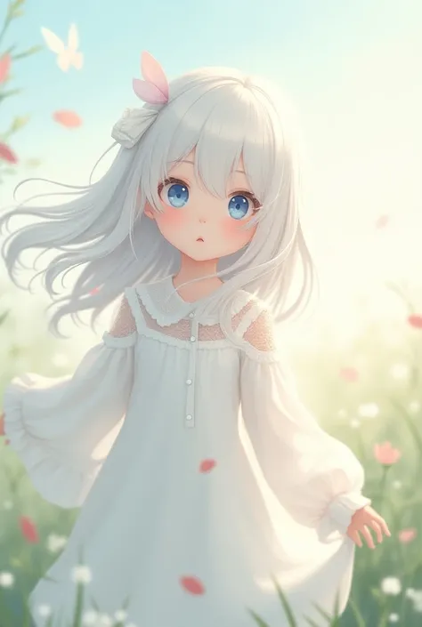 Korean girl like an elementary school student wearing a white dress with long white hair and blue eyes