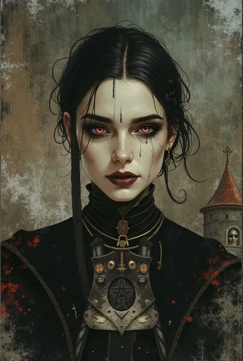 A pale girl with short black hair, violet eyes, From the Middle Ages, realisitic, arcane style, in dark alchemist clothes with a steampunk prosthetic left arm with a pentagram, cut on the face, Dagger at the waist, with a religious group behind, the night,...