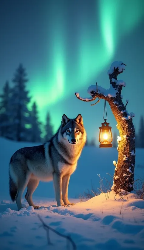 "Create a photorealistic image of a majestic gray wolf and a glowing lantern standing separately on a snow-covered hill under a vibrant northern lights display. The wolf gazes intently forward, its fur softly illuminated by the multi-colored glow in the sk...