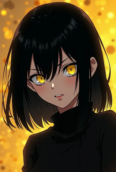  SCREENSHOT MY HERO ACADEMIA,  girl with shoulder-length hair and black straight, Skinny yellow eyes ,  white complexion , dark circles, flirtatious and outgoing personality .