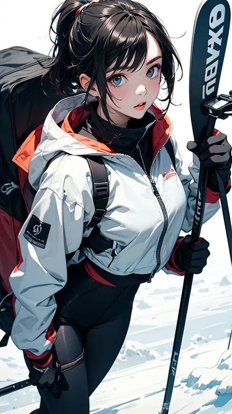 young girl wears gorpcore benchmark outdoor garment, skiing suit, with skiing equipment, white background, excessive playful and naughty, close-up lens, minimalist, painting style, clothes texture in ultra details, water paint in modern anime art, material...