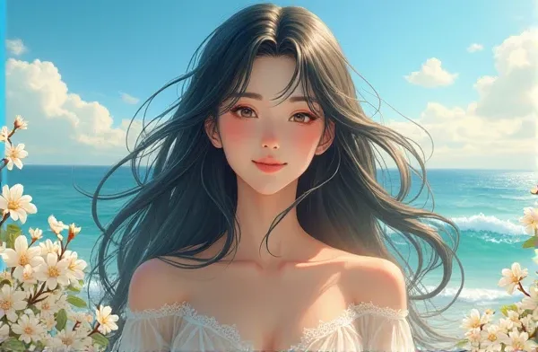 Beauty、blue sky、osmanthus、smile、I have long hair、Black Hair、Seaside