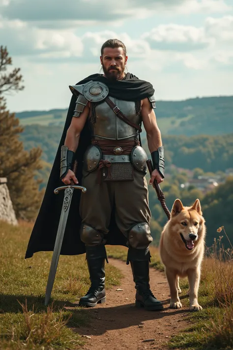 imagine a warrior holding a splendid sword, he has a focused gaze, he is strong and by his side there is a fierce dog, he is in France, ultra detailed, 8k, cinematic