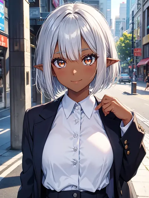 In the streets of big cities、 business suit with bleach、masterpiece、 Hi-Res、 high quality、32K、( dark elf teenager woman in the streets of a big city、Pointy Ears、((Beautiful silver hair))、 bob cut from the front、 short hair、((Tanned dark skin))、  Golden Eye...