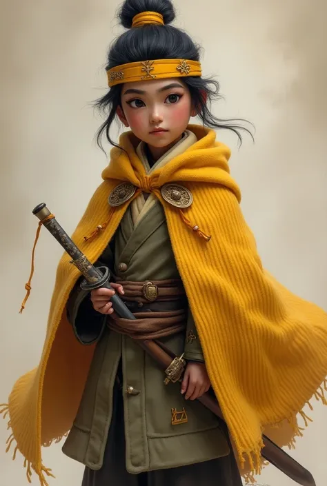 Young black bushy male from the Three Kingdoms period wearing a Handian corduroy coat and corduroy cape wearing a yellow headband,The left hand holds a long knife