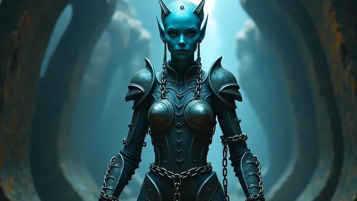 a sexy blue alien girl slaved by man, wearing armor dress., and she is enchained