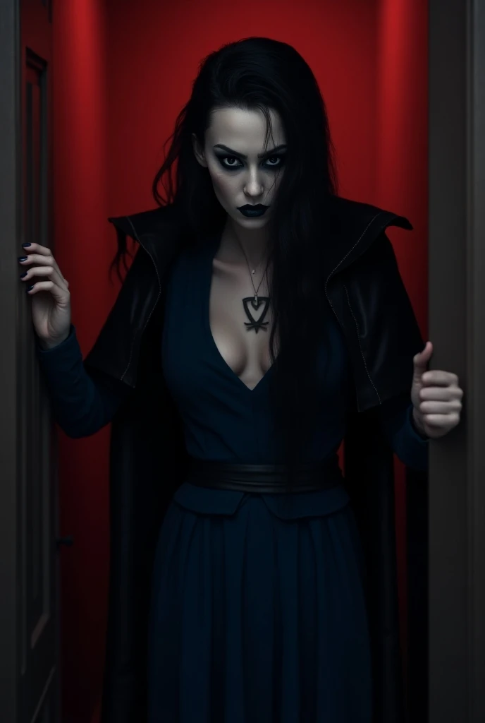  Create a terrifying witch in a closed room with low lighting, red lighting, black hair logo ,  dark blue dress with black , realistic features, 4K