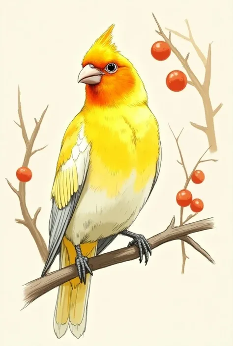 Create a sketch-style picture for a , of a (Belgian canary ).  Its head is covered by feathers in shades of intense yellow ,  especially on her cheeks and around the eyes ,  which gives it a lively and expressive appearance .  This yellow-orange tone is al...