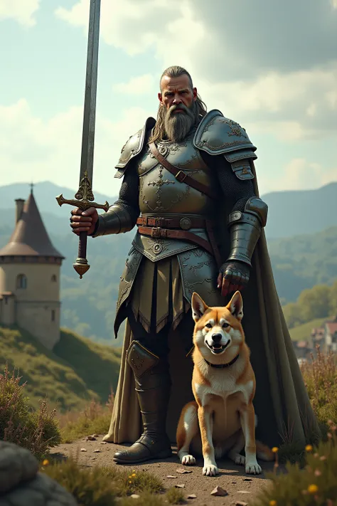 imagine a warrior holding a splendid sword, he has a focused gaze, he is strong and by his side there is a fierce dog, he is in France, ultra detailed, 8k, cinematic