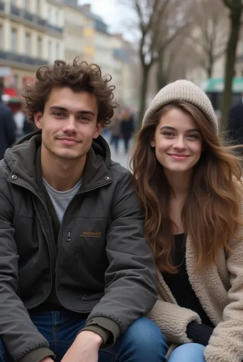 A young man and a young woman are two beautiful  teenagers sitting on a street chair in Paris. Photographic photography