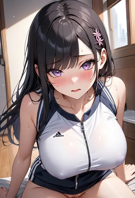 ((masterpiece,Best Quality,8k, ultra high resolution)), 1 housewife 、　(First Person Subjective、solo focus　) 、(((Vulgar expression))) 、 is staring　 、sweat 、　  long lashes　　 、　  Black Hair 　　、Long Hair　　、　((parted bangs:1.3))　　、(spiderlily hairpin)　、　Light p...