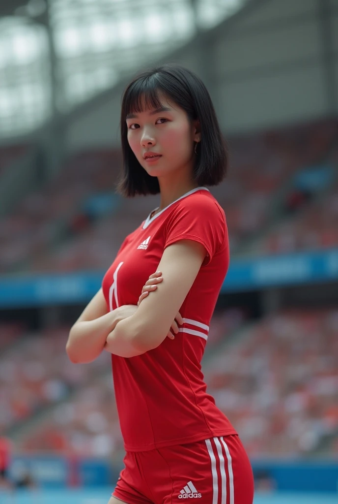 (Best Quality,4K,8k, Hi-Res,masterpiece:1.2), very detailed,(Realistic,photoRealistic,photo-Realistic:1.37), full body、athlete、(Female high jumpers)、 young Japanese woman ,Textured straight super short bob cut hair、regrettable、 perfect anatomy、 depth of fi...