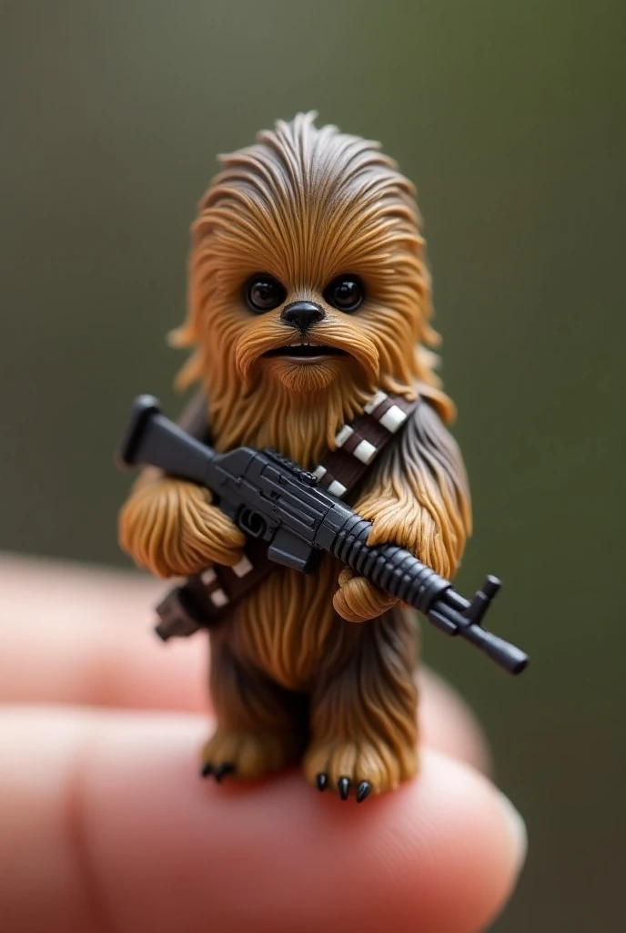 The smallest Chewbacca baby in the world wearing his craft suit and carrying a bandolier over his shoulder wielding an AK-47 machine gun in his hands ( Star Wars 1977 ),  perched on someones finger ,  is undoubtedly cute and charming .  The photo is very r...