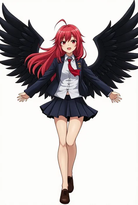  Create an image.  An ocate line style from the work Boku no Hero . a girl,  with long red hair ,  dark red eyes .  Light-toned skin .  That has big, bulky wings , With the color black.  Clothes can be the uniform of Boku no Hero students.  And I want a fu...