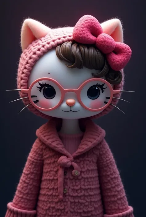 Make an image of Hello Kitty with glasses and curly hair and eyeliner and small and with a jacket and with a background of the singer Feid that does not have pink and that has only purple or dark black plus hello Kitty but with purple but that is more hell...