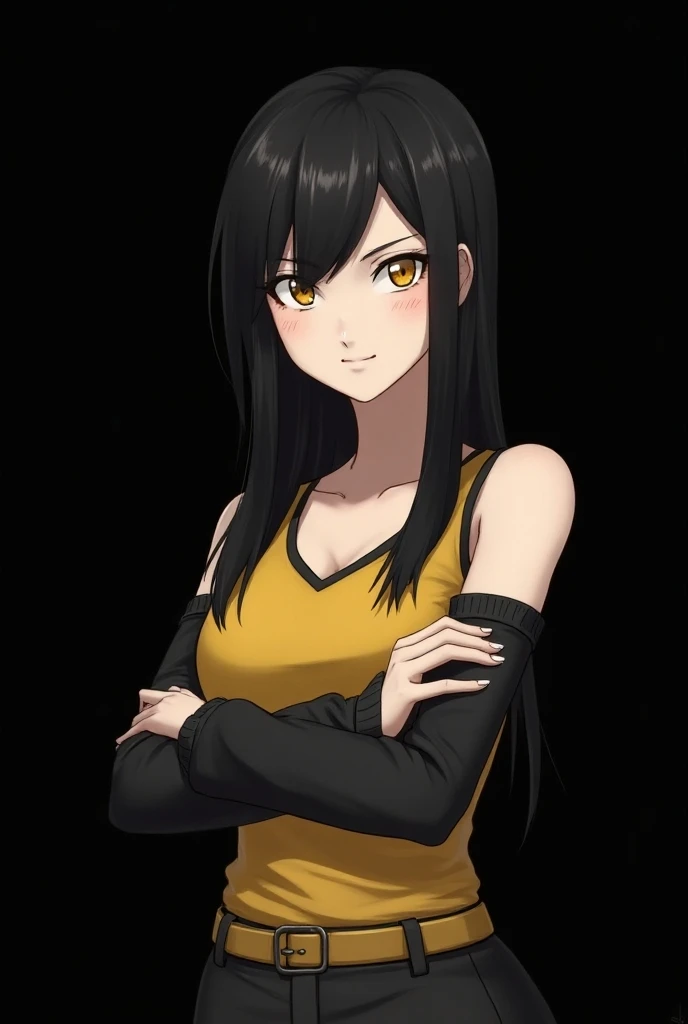  SCREENSHOT MY HERO ACADEMIA, Girl with straight black hair,  yellow eyes,  white complexion , flirtatious and outgoing personality .  SCREENSHOT MY HERO ACADEMIA.
Posing with a flirty aura.  black background 