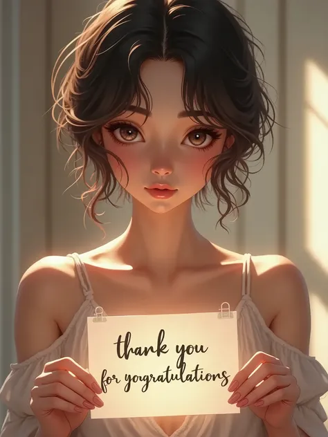 Create me an image of a beautiful and sensual girl with short hair with a sign in her hands that says "Thank you for your congratulations"